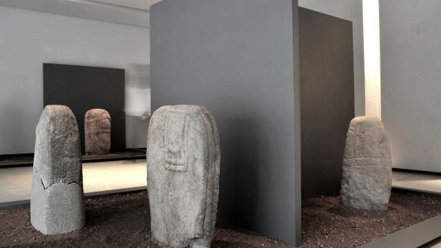 Quatre statues-menhirs dans la terre, dans une salle du musée Fenaille de Rodez