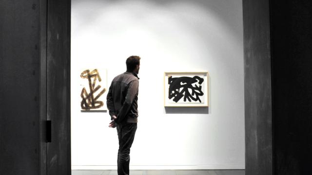 Personne admirant deux tableaux Brous de noix au musée Soulages