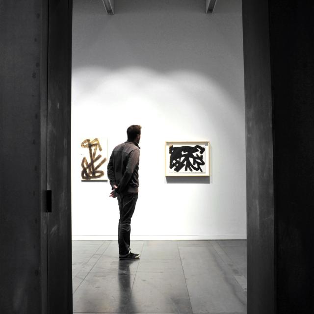 Personne admirant deux tableaux Brous de noix au musée Soulages