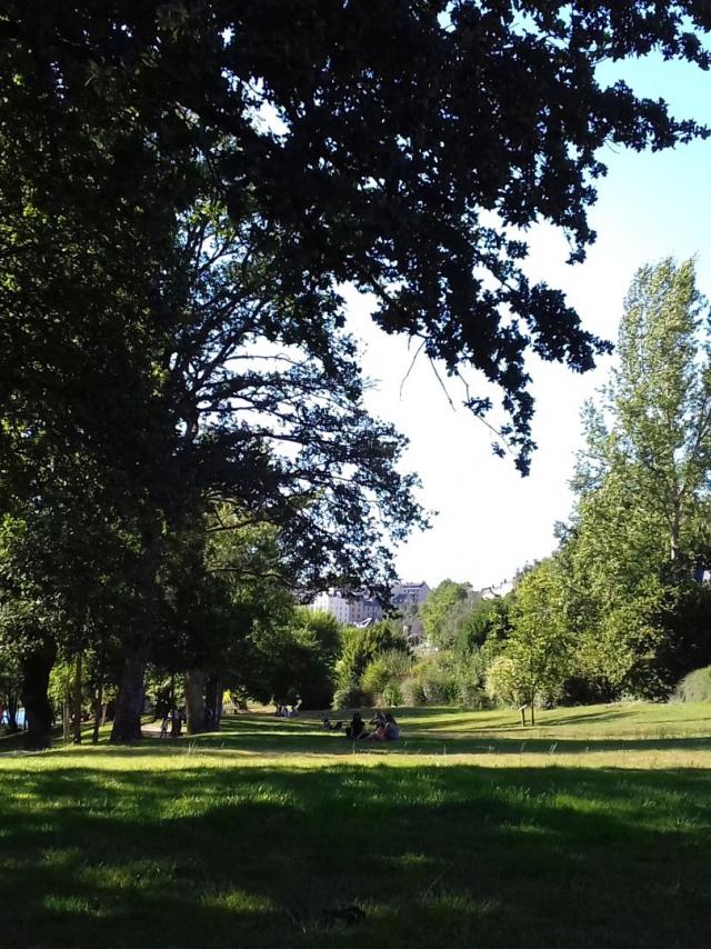 Personne qui se baladent sur le chemin piétonnier au bord de l'espace vert arboré à Layoule où des gens sont assis dans l'herbe