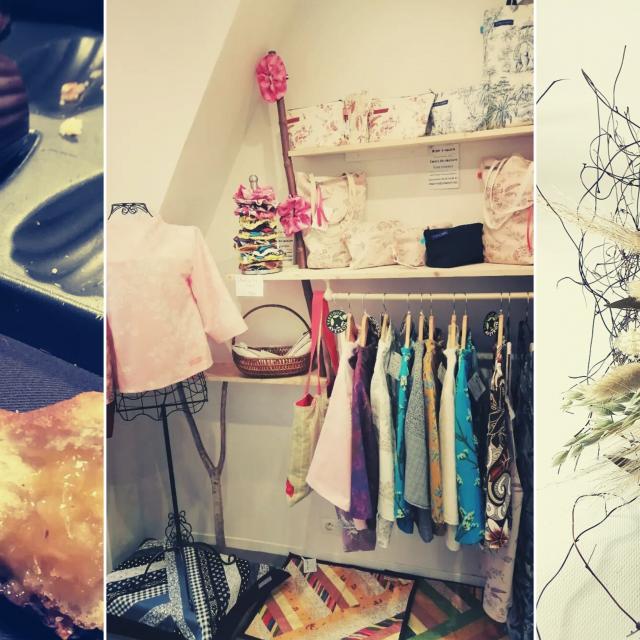 Triptyque d'images : gâteaux madeleines au chocolat, rayon textile avec création personnalisée, et bouquet de fleurs sauvages séchées