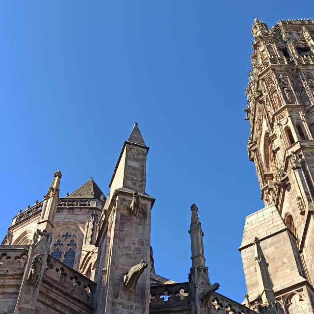 Chevet de la cathédrale gothique avec ses gargouilles, ses piles, son toit terrasse, à côté du clocher délicatement sculpté
